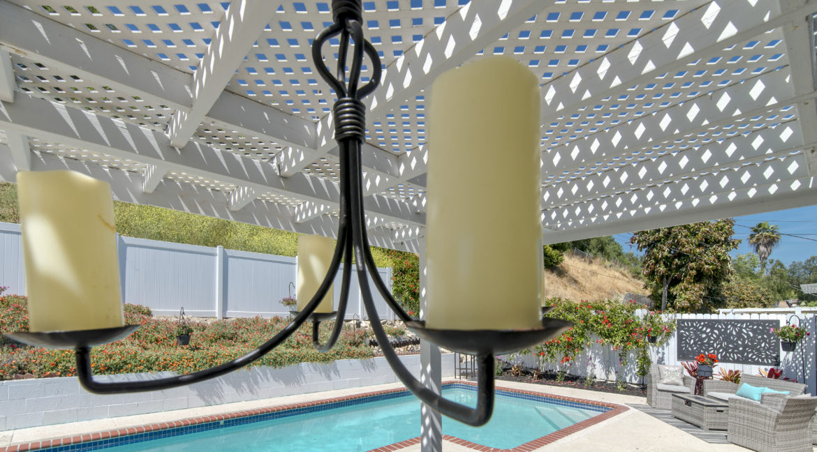 163 Galsworthy Street Thousand Oaks - Backyard Amenities Candle Chandelier Detail with Pergola