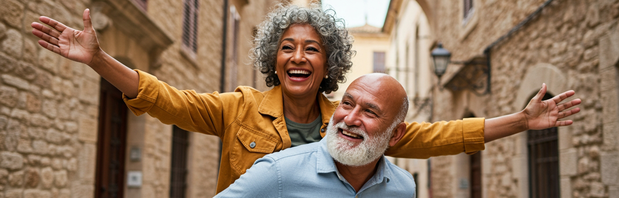 Happy older adult couple enjoying relocation in a historic European street after downsizing to a safe exciting inclusive retirement. Prepare your home for sale and relocate with Shoket Properties.