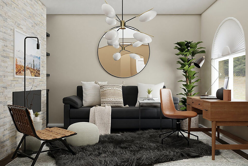 Conejo Valley Spring Prep 2026 quiet upgrades: texture realism and neutral color palette refresh in a Thousand Oaks luxury living room with shag rug, woven throw, modern lighting, and open sightlines – no major renovations needed